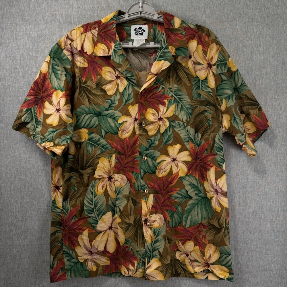 Men’s XL Hilo Hattie Hawaiian Button Down Shirt - AOP Floral Brown - Made in USA